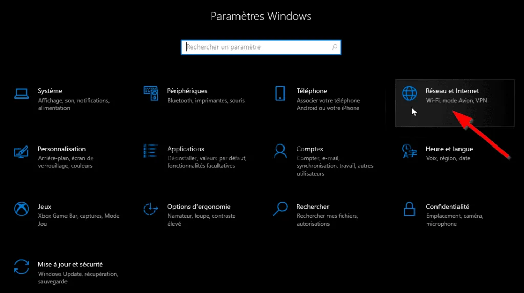 Panneau des paramètres Windows 10 en mode sombre.