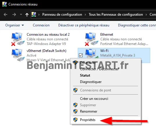 Menu contextuel dans la configuration réseau de windows 10