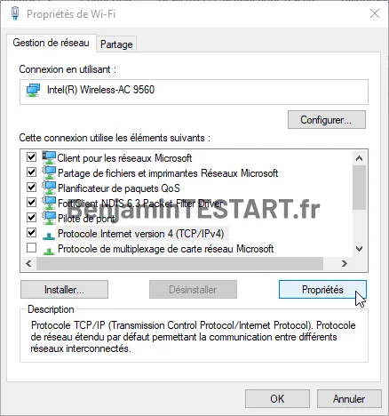 Fenêtre de Propriétés du Wi-Fi dans Windows 10