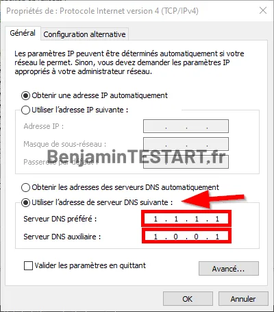 Propriétés de Protocole Internet version 4 de Windows 10