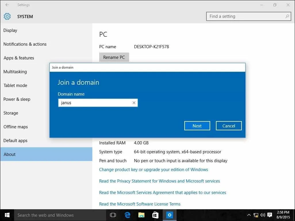 Fenêtre “Joindre un domaine” de Windows 10.