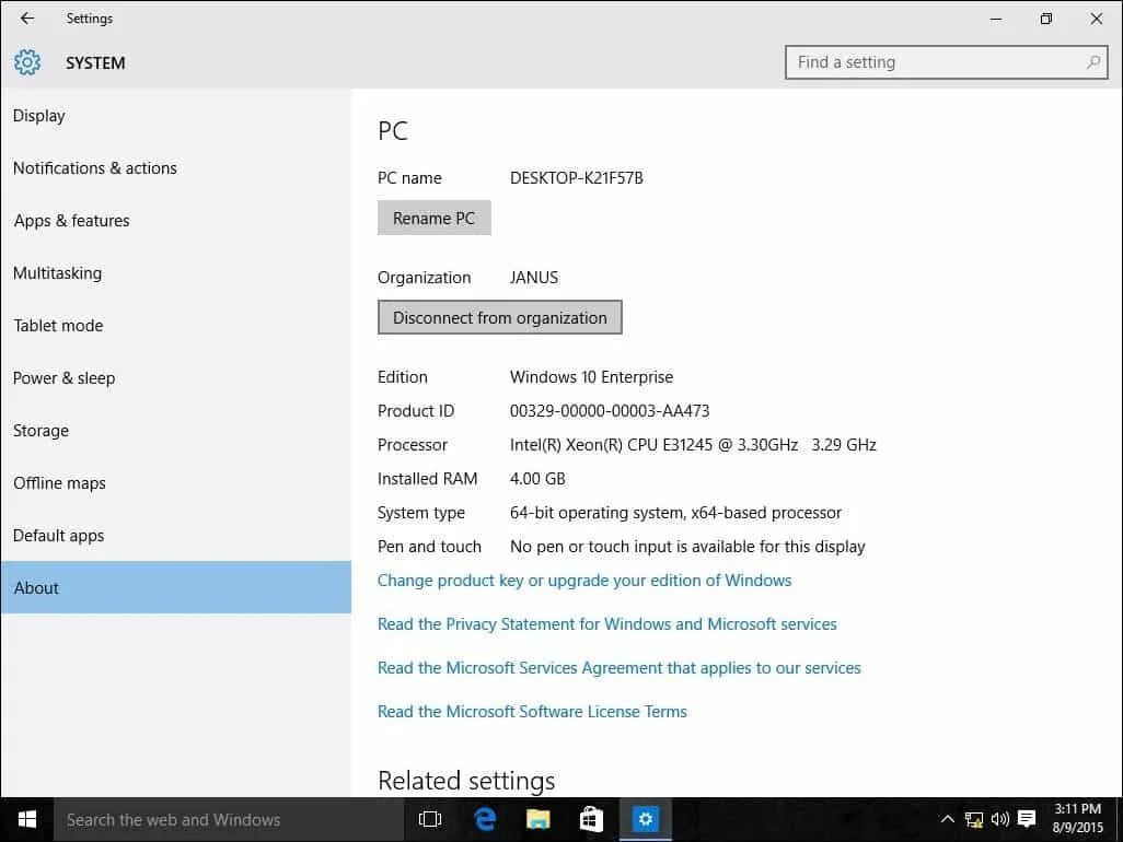 Fenêtre système Windows 10