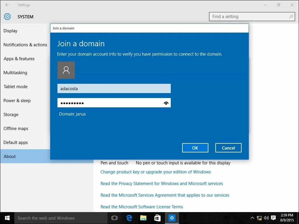 Fenêtre d’indentification de “Joindre un domaine” dans Windows 10