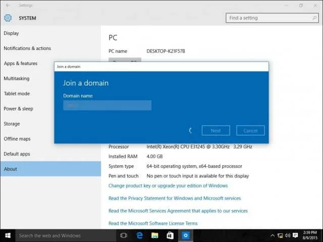 Fenêtre “Joindre un domaine” de Windows 10.