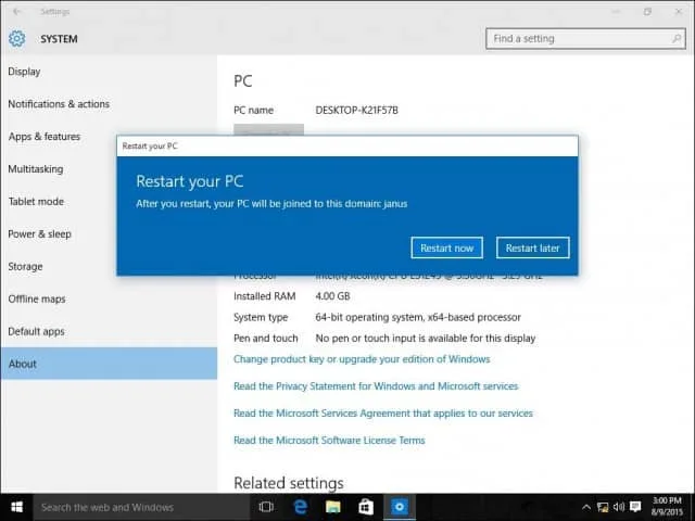 Fenêtre redémarrage de l’ordinateur lors de la jointure au domaine active directory dans Windows 10