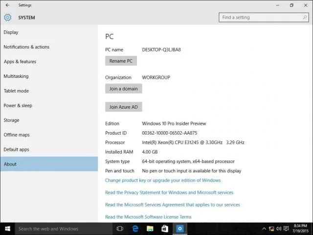 Fenêtre des paramètres systèmes de Windows 10