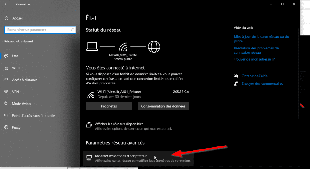 Etat de la configuration réseau dans Windows 10
